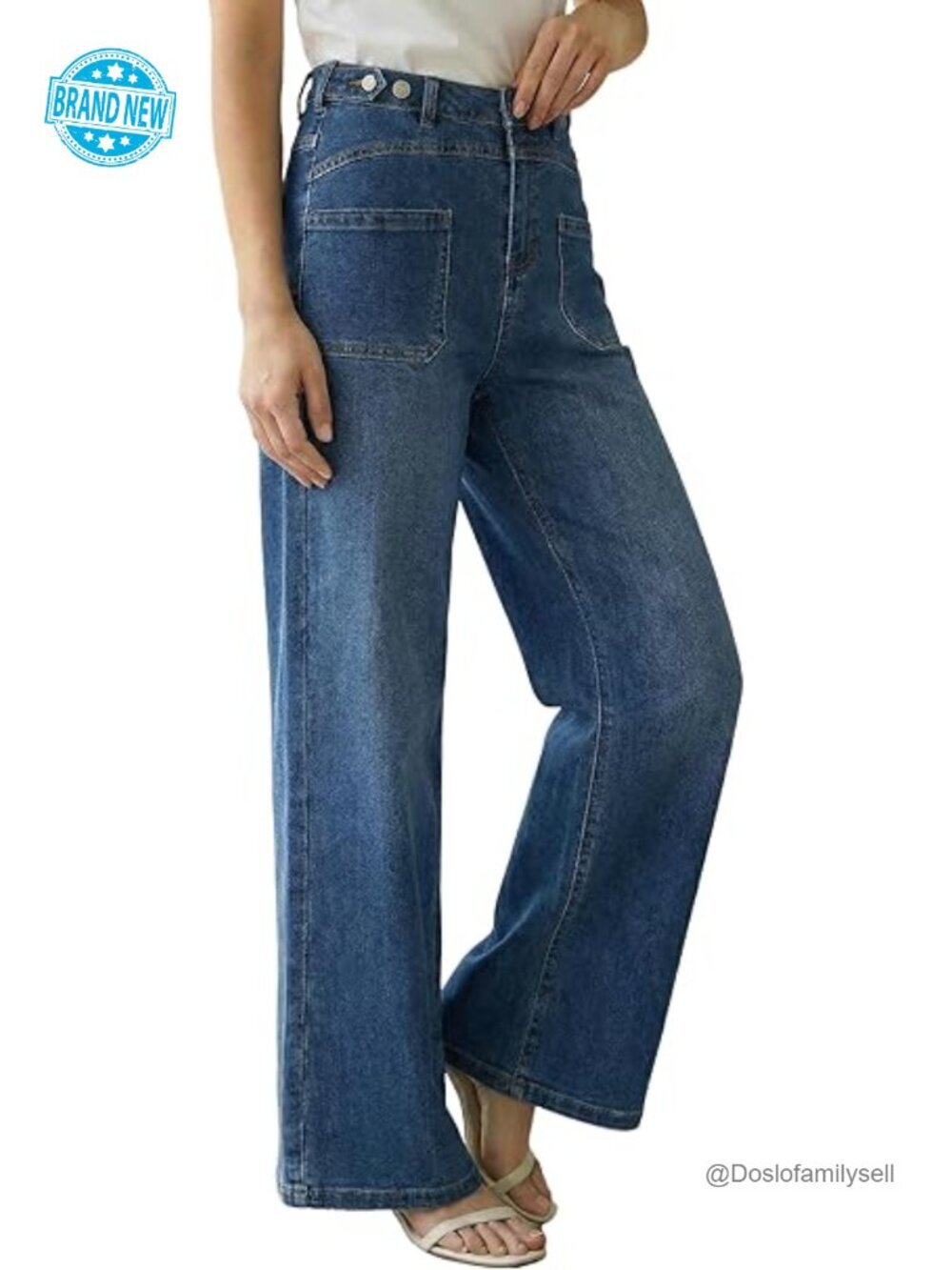 Lyocottons Cotton Denim Adjustable Waist Wide Leg Jeans with Pockets